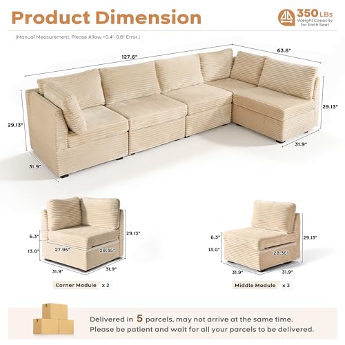 Image of ovios Modular Sectional Sofa Couch with U-Shape Chaise Oversized, Comfy Plush Corduroy Cloud Couches, Modern Luxury Deep Seat Sofas Set for Living Room, 5-Seater, Beige