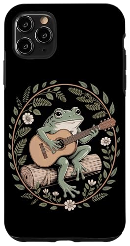田園ノスタルジア コテージコア カエル フォークギター 木の丸太 野花と葉飾り 自然の静けさ スマホケース iPhone 11 Pro Max 用