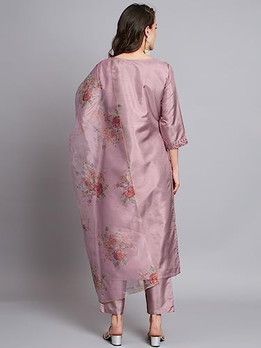 Image of VredeVogel Women's Silk Blend Embroidered Straight Kurta Pant Set with Organza Dupatta