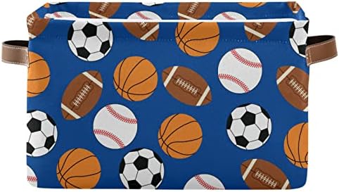 Rectangular Storage Basket Storage Bin - Sports Football Baseball Basketball Soccer Collapsible Storage Box with Leather Handles Organizer for Shelves/Gift Baskets/Toy Organizer/Baby Room Decor