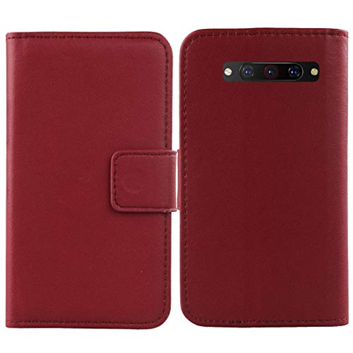 Gukas Genuino Cuero Case para ZTE Nubia Z20 6.42' Flip Billetera Funda Autentico Ranuras Tarjetas Piel Premium Cover (Rojo Oscuro)