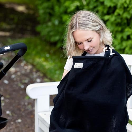 Image of Nursing Cover for Baby Breastfeeding & Pumping | Multi Use Car Seat Stroller Cover | Breathable Soft Muslin Cotton | Breast Feeding Apron & Shawl by TISU (Black (Neutral))