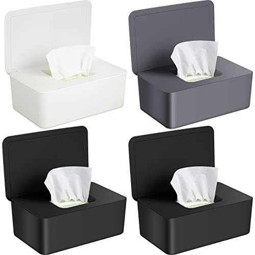 Image of 4 Pieces Baby Wipes Dispenser Wipe Container Keep Wipes Moist Baby Wipe Holder Easy Open Wet Tissue Storage Non-Slip Box Case for Bathroom Baby Nursery (Black, White, Gray)