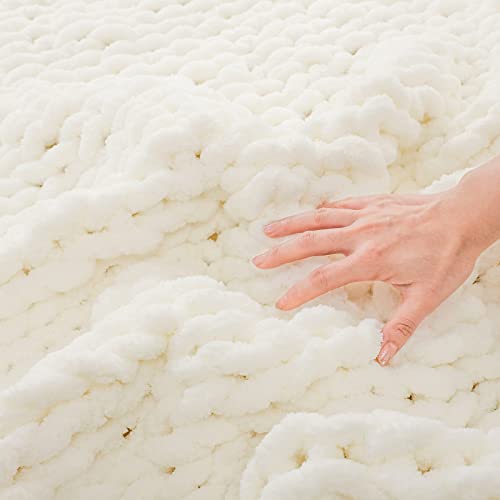 Yaapsu Chunky Knit Blanket Throw 51"X63", Soft Jumbo Chenille Throw Blanket, 100% Hand Knitted Throw Blankets For Couch Bed, Big Thick Yarn Cable Knit Blanket, Large Rope Knot Crochet Blanket (Ivory) #TOP3