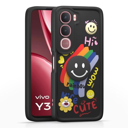 Image of Pikkme Back Cover for Vivo Y31 5G | Soft Silicone| Cute Rainbow Smile & 3D Cartoon Flower Design | Shockproof Raised Camera Protection Bumper Case (Black)