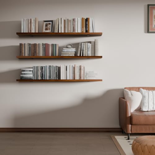 Image of 48 Inch Long Floating Shelf for Wall, 3 Tier Solid Wood Floating Book Shelf,Walnut Large Wall Shelf with Heavy Duty Brackets,Floating Bookshelf for Living Room