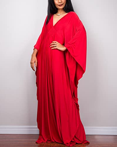 Image of RanRui Caftans for Women Solid Color Chiffon Plus Size Kaftan Dresses Beach Cover Up V Neck Batwing Sleeve Caftans Loungewear