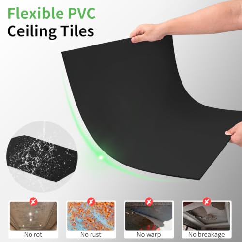 Image of Art3d 24 inchx24 inch Smooth Drop Ceiling Tiles (48 Sq.Ft), 12-Pack 2ft x 2ft PVC Tiles for Home and Office, Waterproof and Reusable Plastic Ceiling, Black