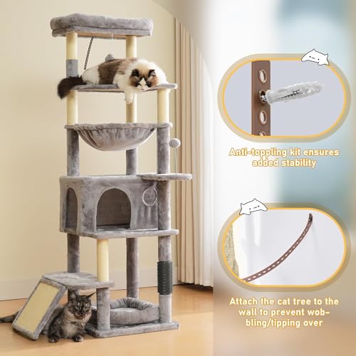 Image of Multi-Level Large Cat Tree, 66 Inches Tall Cat Tower with Scratching Posts, Condo, Hammock, Dangling Ball,and Extended Platform for Cats to Play and Sleep,Gray Cat Bed