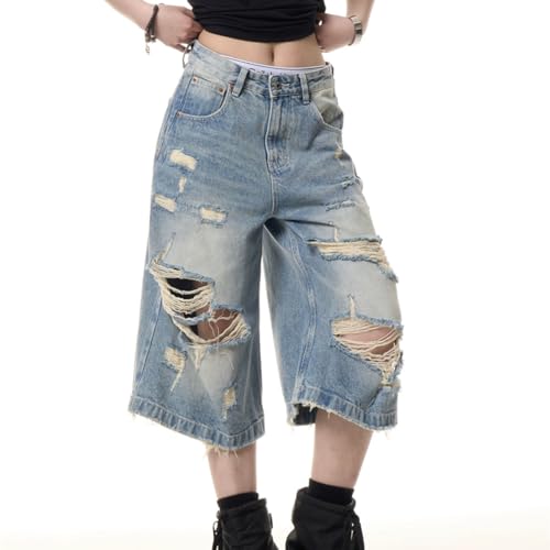 Y2K Fashion High Waisted Straight Leg Jeans Casual Streetwear Ripped Fringe Baggy Washed Denim Pants4