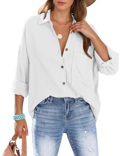 Lonya Womens Shirts Oversized Blouse Long Sleeve Button Down, Ladies Cotton Tops with Pocket, V Neck Blouses Roll-up Loose Fit Tunic T Shirts Business Casual Elegant, White, XL