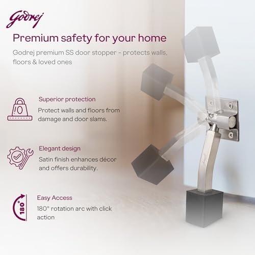 Image of Godrej Door Fittings | Door Stopper for Home with Rubber (Pack of 2, Satin Steel) | Rubber Stopper with Click Action | 180 Swing Control | Heavy Duty Stopper for Home, Office & Hotel