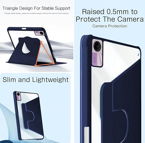 Image of TGK Rotating Case for Redmi Pad SE 11 inch with Pencil Holder 360 Degree Rotation Protective Trifold Stand Cover Clear Back (Dark Blue)