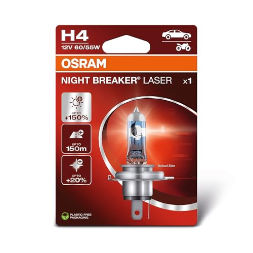 OSRAM NIGHT BREAKER LASER H4, +150% más brillo, lámpara de faro halógena, 64193NL-1BL, 12V, blister (1 lámpara)