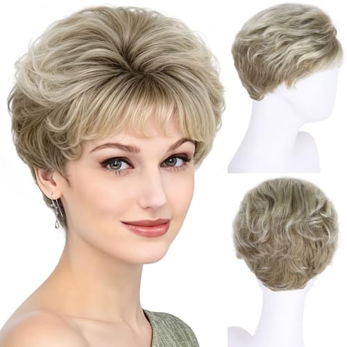 Short Wavy Pixie Cut Wigs for Women Mixed Blonde Ash Brown Wig wi...