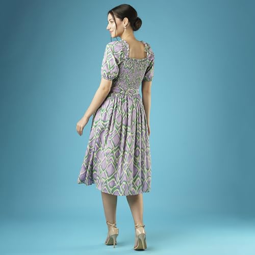 Image of Globus Women Teal Floral Print Smocked Square Neck Casual Fit and Flare Midi Belted Dress-3638174002
