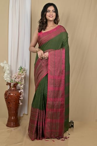 Image of eC ESHA'S COLLECTION Women's Cotton Blend Begumpuri Handloom Saree With Unstitched Running Blouse Piece