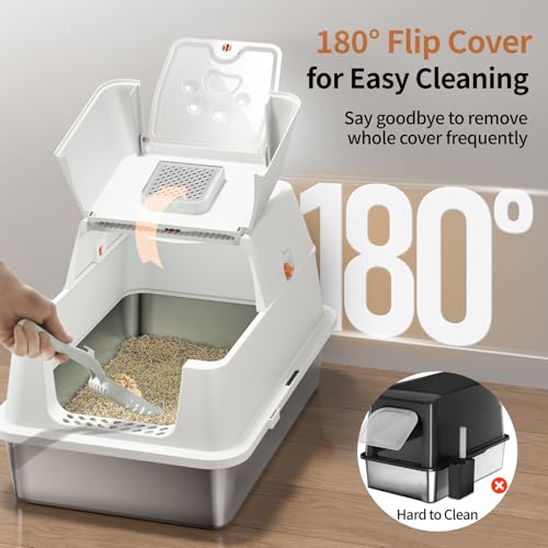 Image of Stainless Steel Cat Litter Box with Lid, 180 Flip-Top XL Extra Large Enclosed Litter Box, Covered Metal High Sided Litter Pan with Steps & Scoop, Easy Cleaning, Odor Control,Non-Sticky-White
