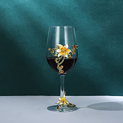 XUDREZ Painted Enamel Flower Lead-Free Wine Glasses,320ml/10.8 OZ Red/White Crystal Wine Glasses (Yellow Cup Lily) - Image 4