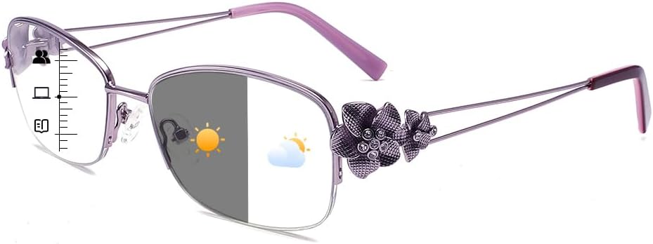 touk Photochromic Progressive Multifocal Reading Glasses for Women, Stylish Half Rim Metal Frame Anti Blue Light Sun Readers