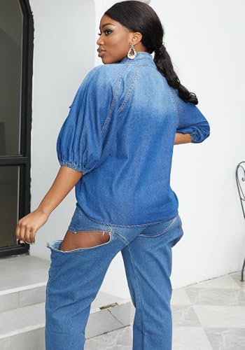 Tbahhir Women's Denim Blouse Blue Bow Tie Jean Shirt Puff Sleeves Mock Neck Cropped Top Casual2