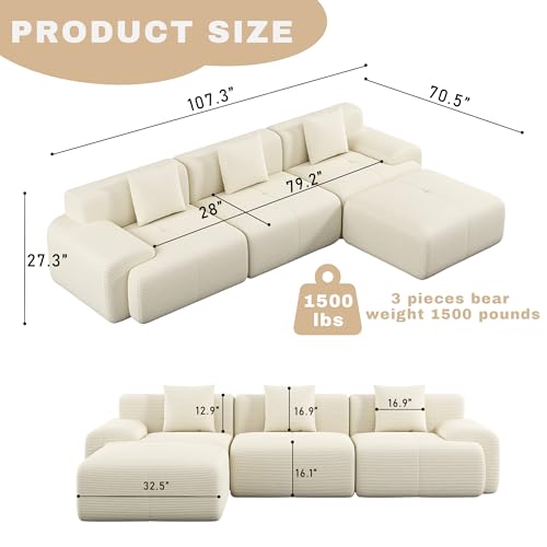 Image of 107 inch Cloud Modular Sectional Couch,Boneless Sofa with Ottman,L-Shape Upholstered Sofas with Deep Seat,Modern Cozy Corduroy Couches with Memory Foam,No Assembly Required (Beige)