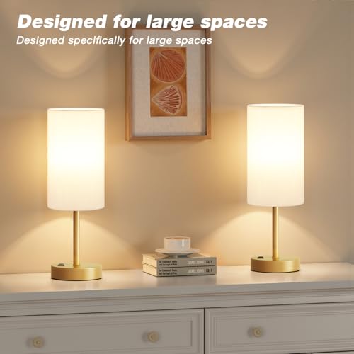 Fenmzee Gold Nightstand Bedroom Lamp - 3 Way Dimmable Bedside Lamp USB C A Charging Ports and AC Outlet, Small Table Lamp Linen Lampshade for Office Desk by Fenmzee - Used condition - Image 5