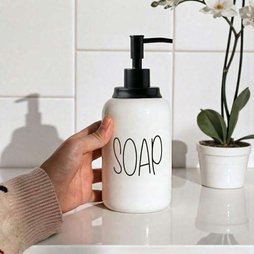 Image of Decor & More Modern Ceramic Soap Dispenser | 500ml Liquid Handwash Dispenser White with Removable Pump | Handwash Bottle for Kitchen & Bathroom | Bathroom Soap Dispensers