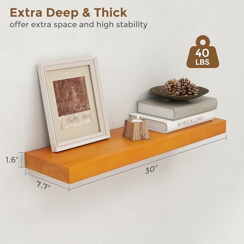 Image of Marsmiles 30 Inch Floating Shelves | Rustic Honey Oak Wall Shelves Set of 2 | 30 inch W x 7.7 inch D x 1.6 inch H Wooden Shelves for Bathroom Kitchen Living Room