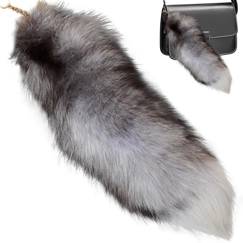 Fluffy Fur Wolf Tail Keychain Black Red Purple Fox Tail Key Chain Cosplay Toy Costume Keyring for Women (Orange) (Silver)