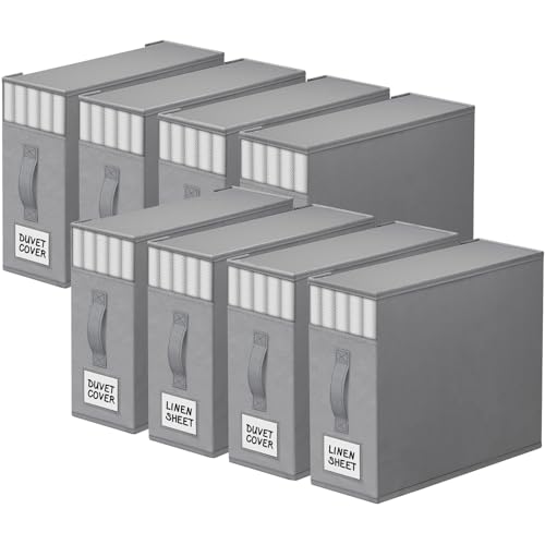 8 Pack Bed Sheet Closet Organizers and Storage,Sturdy Foldable Storage Containers with Window and Label,Storage and Organization for Bedding Sheets,Duvet Covers,Blankets (Grey)