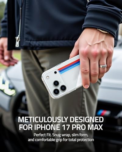Image of CG MOBILE BMW [Official Licensed] Protective Case Designed for iPhone 17 Pro Max |Motorsport Collection|IML Printed Case with Vertical Stripes - White