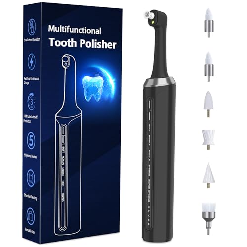 Akizbeir Electric Tooth Polisher, with 6 Replacement Heads, Rechargeable Dental Polisher for Teeth Cleaning and Whitening, Dental Care Kit with LED Light, 5 Speed Modes, IPX6 Waterproof（Black）