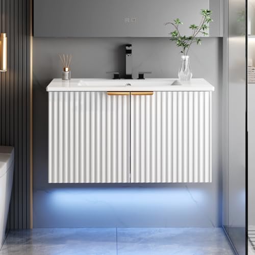 30 Floating Wall-Mounted Vanity with LED Light White