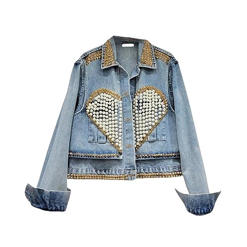 Chaqueta Mujer,Chaqueta De Mezclilla Con Abalorios De Perlas De C...