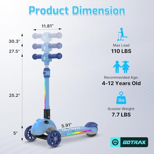 Gotrax SK1 Foldable Electric Scooter for Kids 4+, Full Body LED Light, 90min Riding&5Mph Speed, Push-Button Throttle&Battery Indicator, 6'' Wheel & 3 Adjustable Height, 3 Wheel Escooter,Gift,Blue — view 6