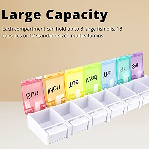 PERFORMORE 2 Pack of Portable Weekly 7-Day Pill Organizer, Travel Medicine Box, Rainbow Color, BPA Free with Easy Push Button Design Case Holder for Pills, Vitamin, Supplements and Medicine