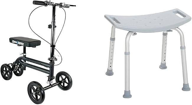 KneeRover Economy Knee Scooter Steerable Knee Walker for Adults + Drive Medical Shower Chair with Suction Feet for Elderly and Disabled