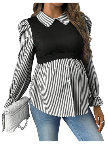 WDIRARA Women's Maternity Striped Button Down Shirts Long Sleeve Collared Blouse 2 in 1 Nursing Top Black Medium
