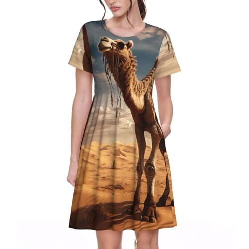 Robe d'été élégante contre la chaleur, le confort fluide imprimé camel