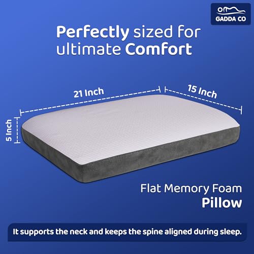 Image of GADDA CO Orthopedic Flat Memory Foam Pillow for Sleeping | Neck & Shoulder Pain Relief | Flat Memory Foam Pillow | Ergonomic Support with Removable Zipper White & Grey Jacquard Cover | 21x15x5 Inch