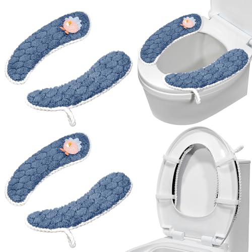 HADEEONG Toilet Seat Cover Bathroom Toilet Seat Cushion Toilet Seat Warmer with Handle, Washable and Reusable Toilet Seat Pads for Winter, Fits All Toilet Seats, 2 Pairs, Blue