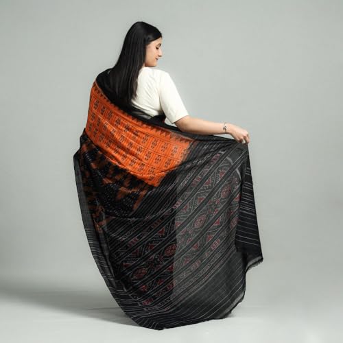 Image of Ikat Women's Pure Cotton Saree Traditional Craftsmanship Double Ikat Weaving Floral Handmade Ethnic Saree without Blouse Piece