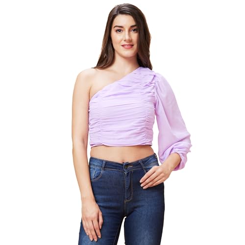Image of Globus Women Lavender Solid One Shoulder Pleated Party Crop Top-3638307003