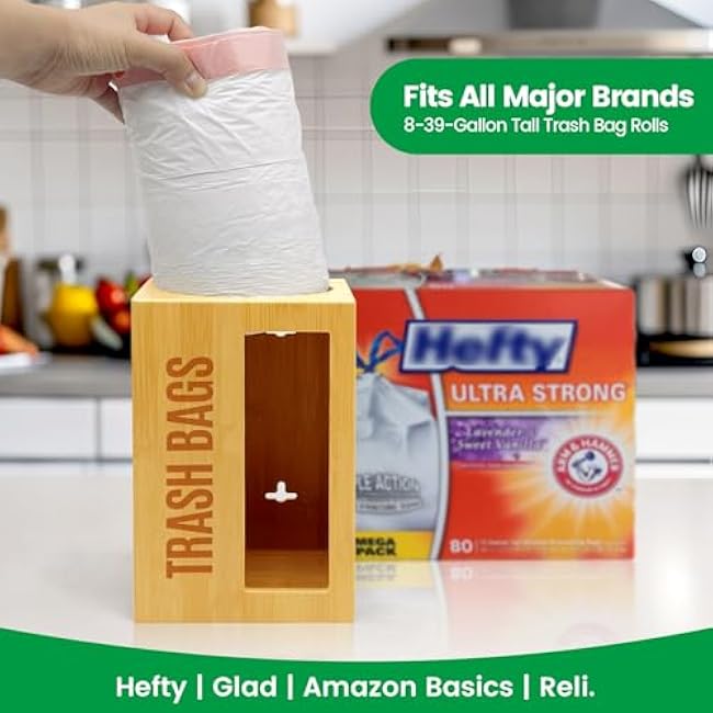 Bamboo Garbage Bag Dispenser Roll Holder - Wall Mount Trash Bag Organizer for 13-33 Gallons, Under Sink Kitchen Grocery Bag Storage Container