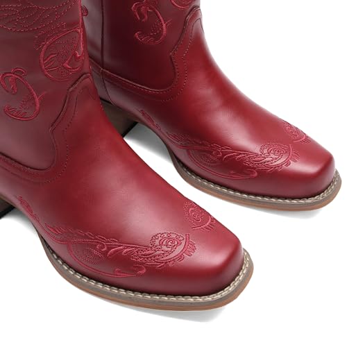 Image of DREAM PAIRS Women's Square Toe Cowboy Cowgirl Boots Pull On Low Chunky Heel Mid Calf Western Boots with Embroidered Stitched for Theme Party Country Concert