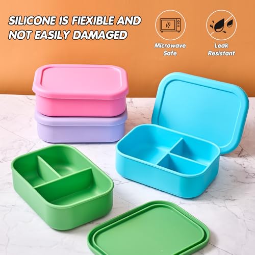 Image of Layhit 4 Pcs Silicone Bento Box for Adults, 27 oz Bento Lunch Container Reusable Food Container for Women Men, Leak Proof Microwave Dishwasher Freezer Safe (3 Compartments,Bright Colors)
