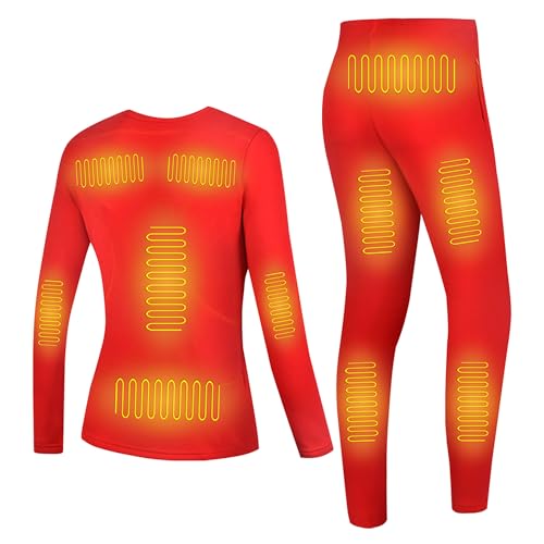 Gueploer Conjunto De Ropa Interior Térmica, Camisa Y Pantalones Térmicos Eléctricos para Mujeres, Conjunto De Long John para Ciclismo Y Esquí,Rojo,XXS