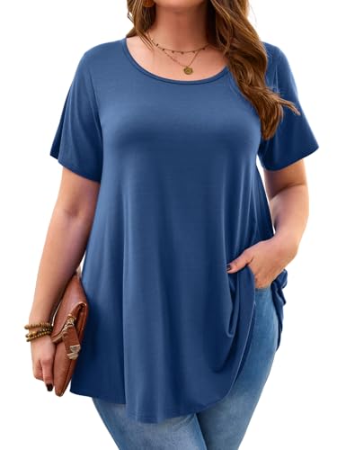 JollieLovin Women Plus Size Short Sleeve Summer Long Tunic Tops Loose Fit T-Shirt to Wear with Leggings(1X,Steel Blue) JollieLovin Women Plus Size Short Sleeve Summer Long Tunic Tops Loose Fit T-Shirt to Wear with Leggings(1X,Steel Blue)