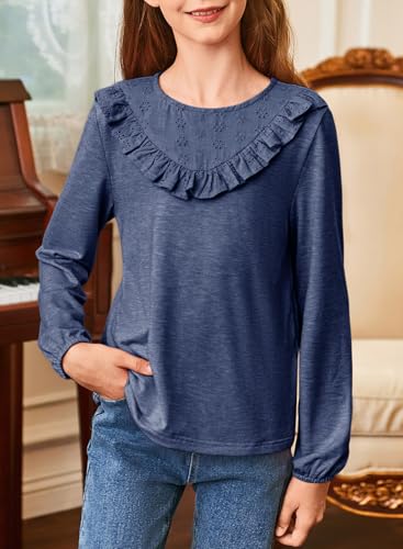 Girls Cute Shirts Lace Embroidered Long Sleeve Tops 2025 Fall Fashion Knit Crewneck Blouses 6-13 Years3